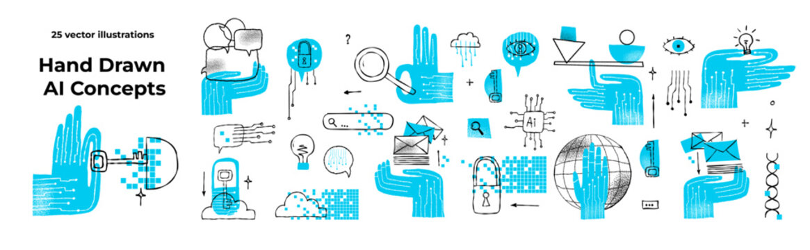 Hand Drawn AI Technology and Digital Intelligence Concept Vector Set