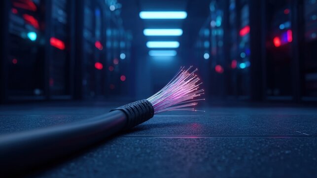 Close-Up Perspective of a Fiber Optic Cable on the Ground in a High-Tech Server Room with Colored Lights and Reflections