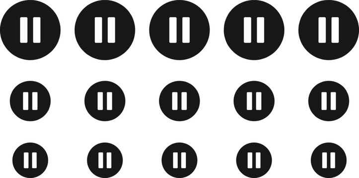 Pause Button Icon Set with Media Control Symbols, Audio Video Playback Interface Elements, Circle UI Signs, Minimal Black Vector Illustration Collection