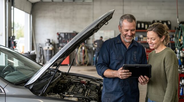Friendly mechanic explaining car engine diagnostic results to a female customer in an auto repair garage using a digital tablet