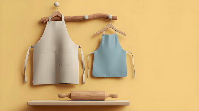 Minimalist 3D Kitchen Scene with Two Blank Aprons and Wooden Baking Tools