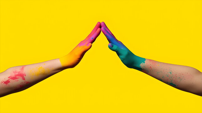 Colorful Painted Arms Reaching Together in a Triangle Shape for Holi Festival