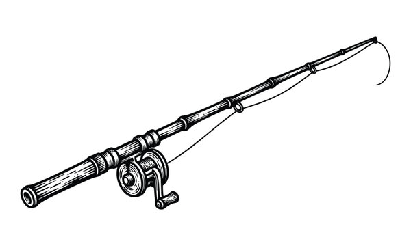 Fishing rod with reel vector illustration in vintage woodcut style for outdoor.