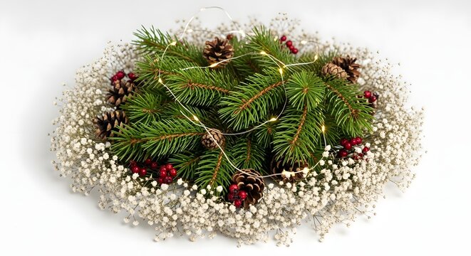 Festive holiday arrangement with evergreen branches, pinecones, berries, and fairy lights, perfect for Christmas and winter decor