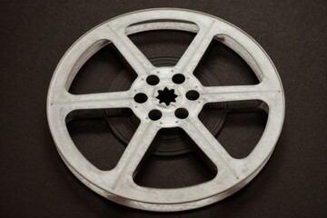 Obraz premium Vintage film reel sits on a dark brown surface with soft lighting