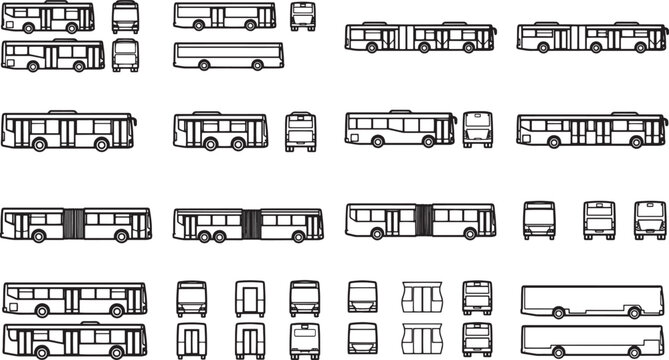 A detailed monochrome illustration showcasing multiple articulated buses, each presented from various angles, ideal for architectural and urban planning projects.