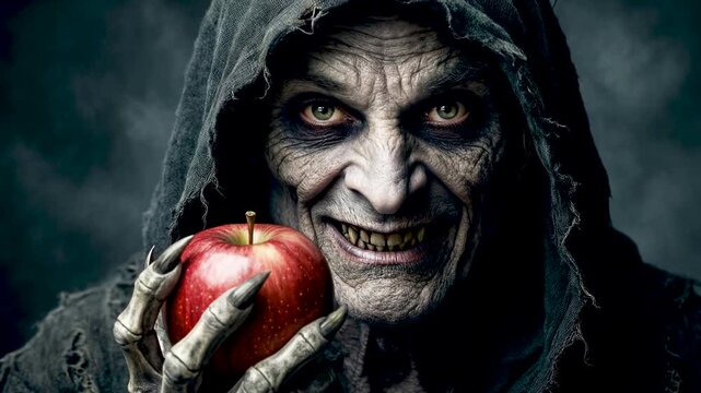 Sinister old witch holding a ripe red apple with a wicked smile in dark atmosphere