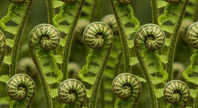 Repeating pattern of vibrant green fern fiddleheads unfurling in spring.