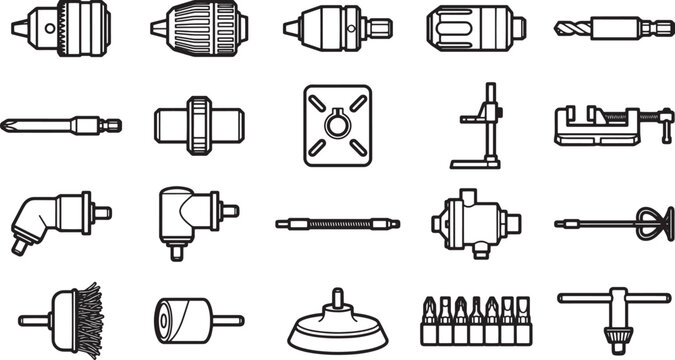 A collection of various mechanical tools, including drill chucks and other related components, are arranged in a precise pattern, demonstrating precision.