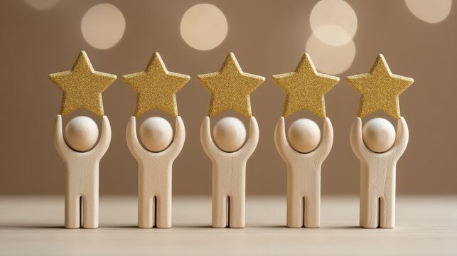 Five Wooden Peg Figures Holding Glittering Stars Against a Soft Focus Background Creating a Warm and Festive Atmosphere for Celebrations and Events
