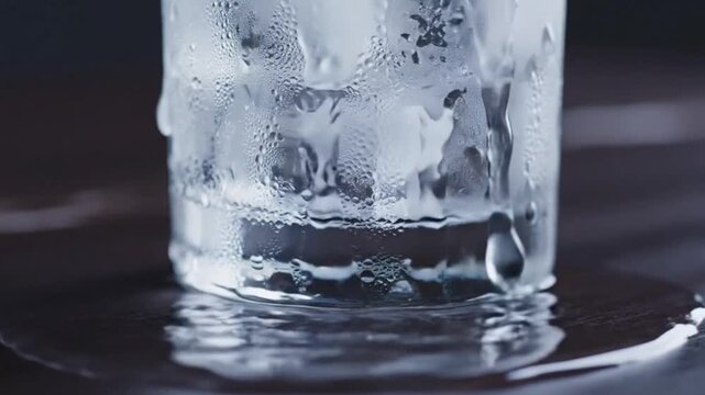 Condensation on Cold Glass: Macro Water Droplets and Dew Formation, Phase Change Physics, Refreshing Beverage Concept, Moisture Detail