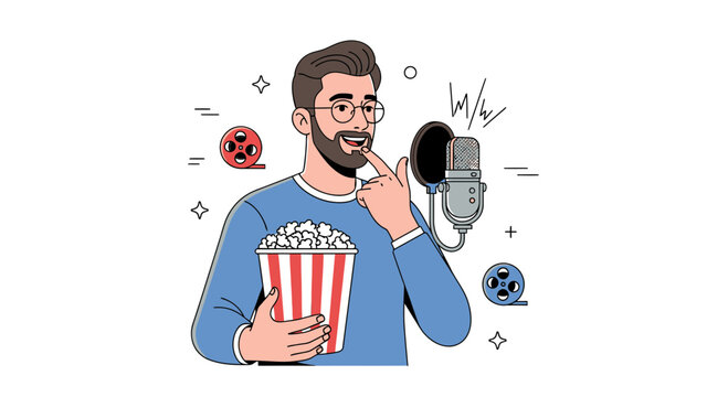 Man with Popcorn and Microphone, Voice Actor, Podcaster, Movie Lover, Content Creator