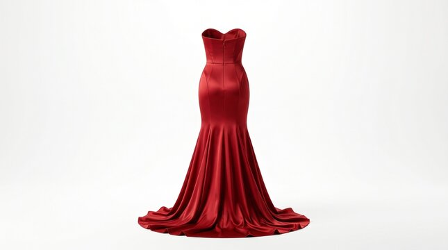 Elegant red mermaid silhouette satin evening gown with sweetheart neckline and fishtail hem, showcased on a white studio background, perfect for formal events, fashion, and luxury lifestyle imagery.