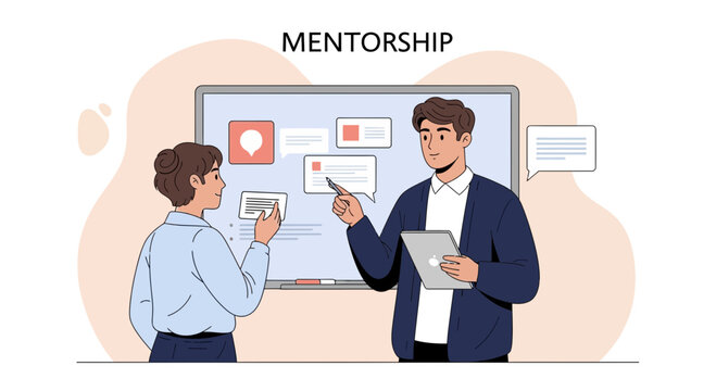Mentorship concept: mentor guiding mentee with tablet and whiteboard presentation