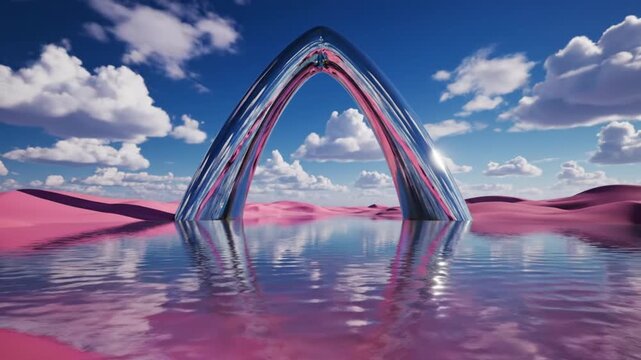 Surreal pink desert landscape with arch.