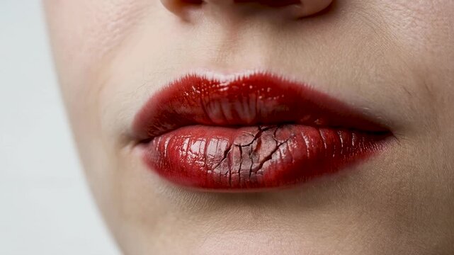 Dry cracked lips with red lipstick showing skin dehydration and damage