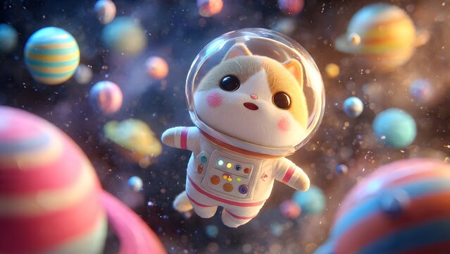 Cute astronaut cat floating in colorful outer space with planets