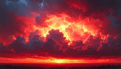 Handdoek met foto Bordeaux Dramatic sunset sky with vibrant shades of red and orange illuminated clouds forming a breathtaking landscape scene during a calm evening horizon.  © ruangrit19