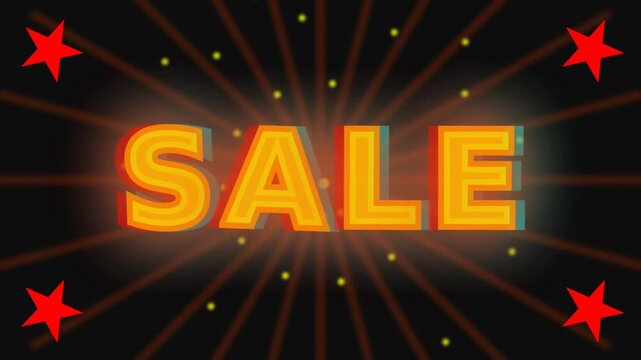 Bold glowing SALE sign with star accents and radial light beams on dark dotted background neon glow!