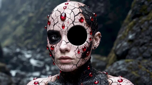 Surreal woman with cracked porcelain skin and red gemstones in dark rocky canyon