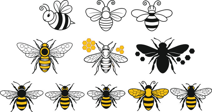 Set of cute bee illustrations collection hand drawn cartoon insects isolated vector honey bees design