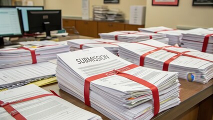 Fototapeta premium Stacked Papers on Desk with Red Bands Representing Submission Process