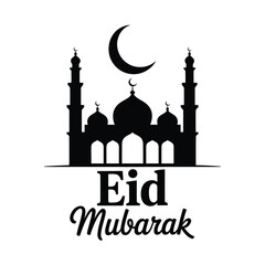 A black silhouette of a mosque with a crescent moon and Eid greetings © Md