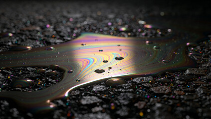 Obraz premium Macro Close-Up of Iridescent Oil Spill Puddle with Rainbow Swirl Lines and Water Droplets on Dark Wet Gravel Asphalt Surface, Abstract Urban Pollution Environment Concept Photography