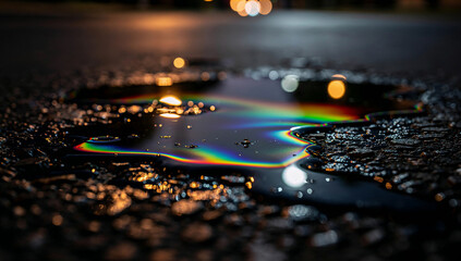 Obraz premium Macro Close-Up of Rainbow Iridescent Oil Spill Puddle on Wet Night Asphalt Road with Blurred Bokeh City Lights Reflection, Urban Pollution Street Photography Concept