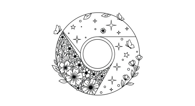 Creative line art design of the google chrome logo divided into sections with celestial stars and beautiful floral patterns for coloring.