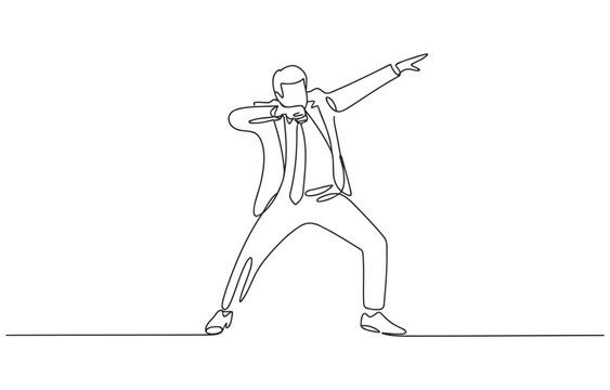 Man in suit doing dab pose with single line art style one line white background single stroke illustration minimalist business celebration movement activity lifestyle creative character