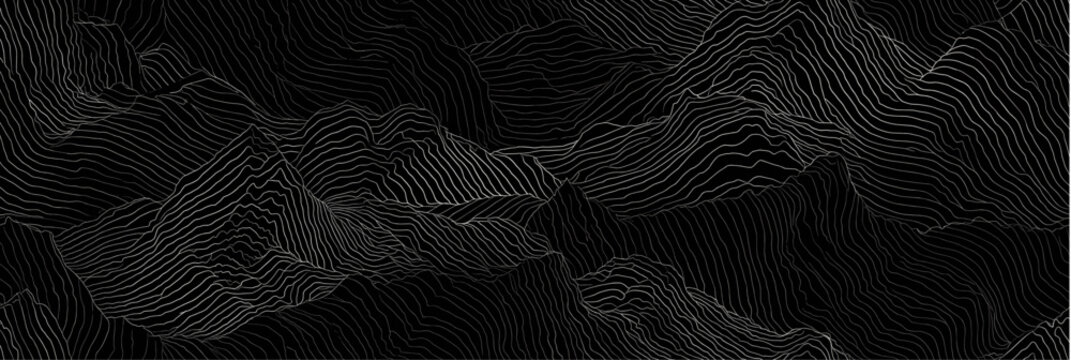 Dark topographic contour lines creating abstract mountain landscape. Minimalist contour lines forming a seamless abstract background with dark mountain shapes