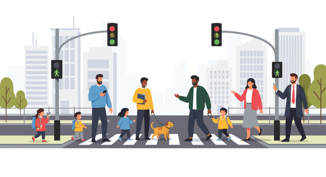 Diverse group of people, including children and a pet dog, safely crossing the city street at a pedestrian crosswalk with traffic lights.