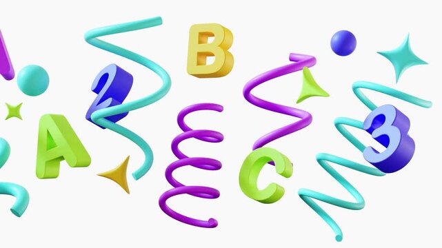 Numbers and letters move around in a loop. Bright colors and fun shapes create an engaging display. The animation is suitable for a primary school theme and captures attention