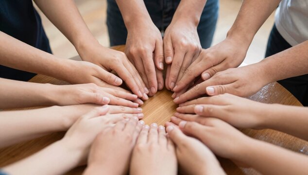 Group of people placing their hands together in a circle on a wooden table