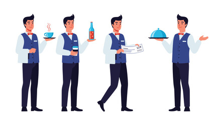 Obraz premium Collection of professional waiters in blue vests serving coffee, wine, meals, and checks in various restaurant service scenarios.
