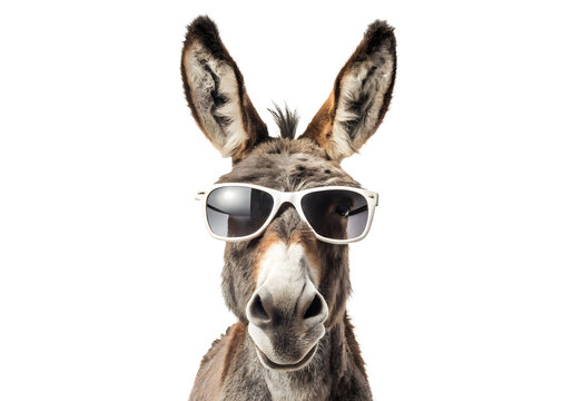 Donkey wearing white-rimmed sunglasses, funny farm animal portrait with long ears, isolated on white or transparent background