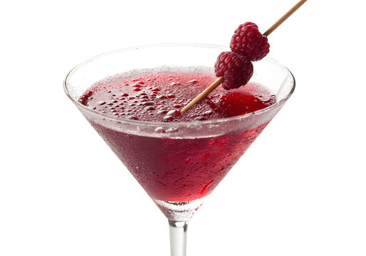 Delicious ruby red cocktail in a glass garnished with fresh ripe raspberry, isolated on white or transparent background