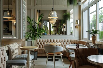 Fototapeta premium A stylishly decorated cafe with comfortable seating and large windows