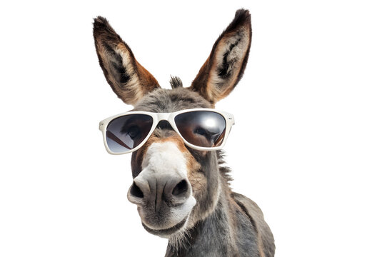 Donkey wearing white-rimmed sunglasses, funny farm animal portrait with long ears, isolated on white or transparent background