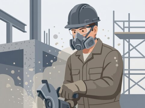 Construction Worker Uses Grinder at Construction Site During Daytime in a City Setting Wearing Safety Gear for Protection