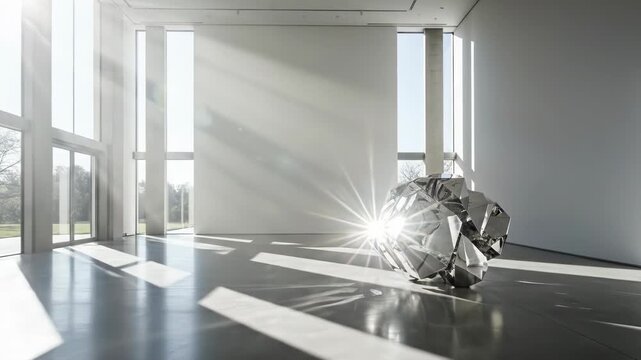 Modern art museum hall with geometric sculpture and natural light