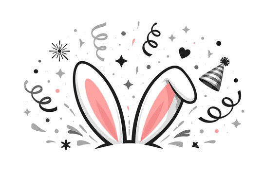 Playful Bunny Ears Vector Illustration Featuring Festive Party Elements like Confetti, Streamers, and a Party Hat in Black and Gray Tones, Ideal for Easter Celebrations and Birthday Events.