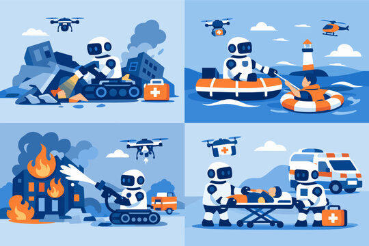 Emergency and Rescue Robots Vector Illustrations Set. AI Robotic Technology for Disaster Relief, Firefighting, Sea Rescue, and Medical Assistance. Autonomous Machines Saving Human Lives.