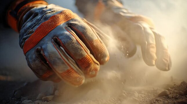 Close-up of weathered construction gloves reaching into dirt and dust, conveying themes of manual labor, hard work, and industrial settings. Ideal for projects related to construction, renovation, or 