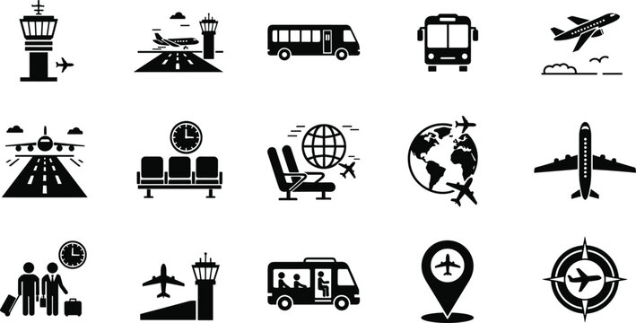 Airport and aviation icon set including airplane runway bus terminal travel and navigation symbols