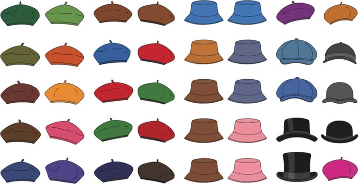 Hat Collection Icon Set with Beret Bucket Hat Cap and Formal Headwear Illustrations for Fashion Design, Outfit Styling, Retail Catalog, and Apparel Accessories