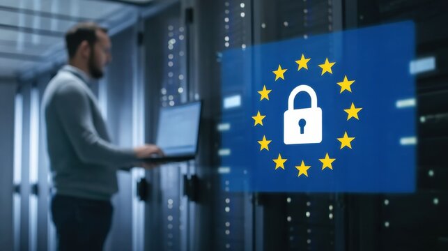 Man Interacting with Server in Data Center with Secure European Lock Icon Representing Data Protection and Privacy Measures in Modern Technology Environment