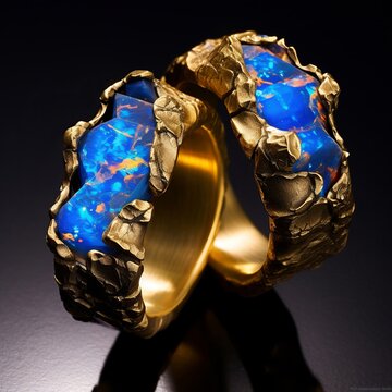 Luxurious gold rings showcase vibrant blue opal gemstones, exhibiting intricate metalwork, perfect for jewelry design inspiration.