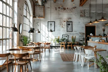 A stylish and modern cafeteria with exposed brick walls, large windows, and wooden furniture © happy_finch